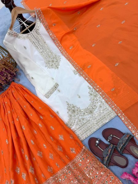 Intuitive Orange Party Wear Chinon Silk Suit for Festive and Wedding Fashion Ready To Wear Collection