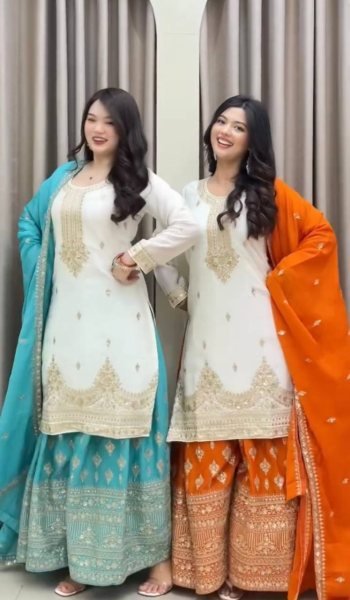 Intuitive Orange Party Wear Chinon Silk Suit for Festive and Wedding Fashion Ready To Wear Collection