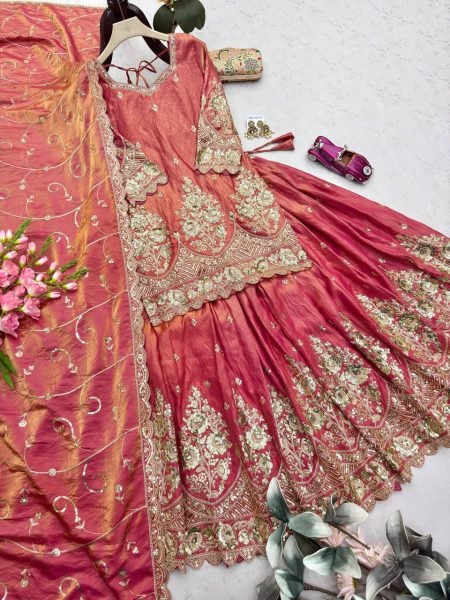 Intuitive Peach Fully Stitched Jelly Shimmer Silk Lehenga Set with Coding Work Ready To Wear Collection