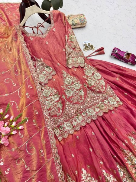 Intuitive Peach Fully Stitched Jelly Shimmer Silk Lehenga Set with Coding Work Ready To Wear Collection