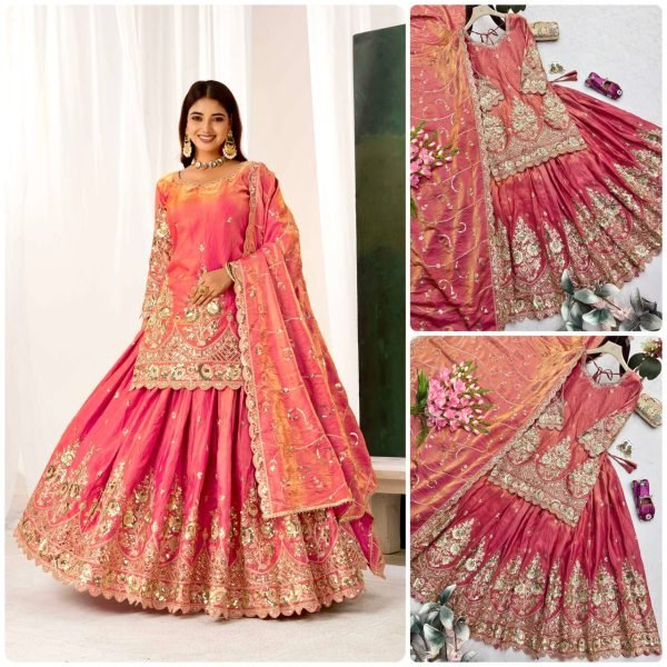 Intuitive Peach Fully Stitched Jelly Shimmer Silk Lehenga Set with Coding Work Ready To Wear Collection