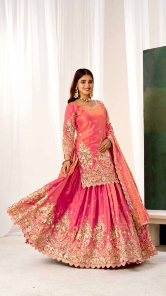 Intuitive Peach Fully Stitched Jelly Shimmer Silk Lehenga Set with Coding Work Ready To Wear Collection