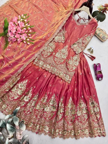 Intuitive Peach Fully Stitched Jelly Shimmer Silk Lehenga Set with Coding Work Ready To Wear Collection