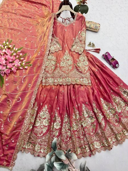 Intuitive Peach Fully Stitched Jelly Shimmer Silk Lehenga Set with Coding Work Ready To Wear Collection