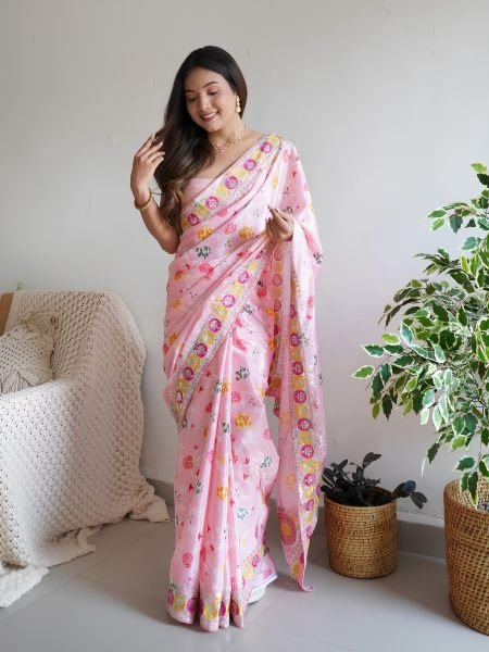 Intuitive Pink Designer Chinon Silk Digital Printed Saree with Floral Embroidery at Wholesale Rate Sarees 