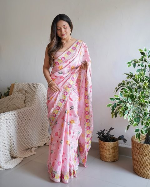 Intuitive Pink Designer Chinon Silk Digital Printed Saree with Floral Embroidery at Wholesale Rate Silk Sarees Wholesale