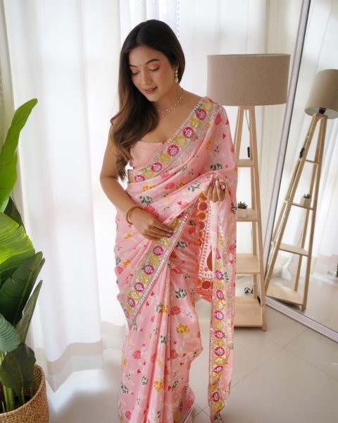 Intuitive Pink Designer Chinon Silk Digital Printed Saree with Floral Embroidery at Wholesale Rate Silk Sarees Wholesale