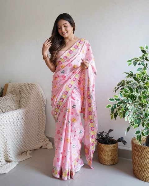 Intuitive Pink Designer Chinon Silk Digital Printed Saree with Floral Embroidery at Wholesale Rate Silk Sarees Wholesale