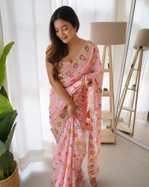 Intuitive Pink Designer Chinon Silk Digital Printed Saree with Floral Embroidery at Wholesale Rate Silk Sarees Wholesale