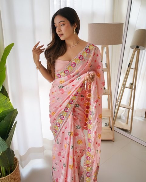 Intuitive Pink Designer Chinon Silk Digital Printed Saree with Floral Embroidery at Wholesale Rate Silk Sarees Wholesale