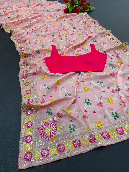 Intuitive Pink Designer Chinon Silk Digital Printed Saree with Floral Embroidery at Wholesale Rate Silk Sarees Wholesale