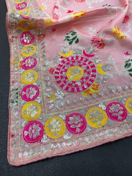 Intuitive Pink Designer Chinon Silk Digital Printed Saree with Floral Embroidery at Wholesale Rate Silk Sarees Wholesale