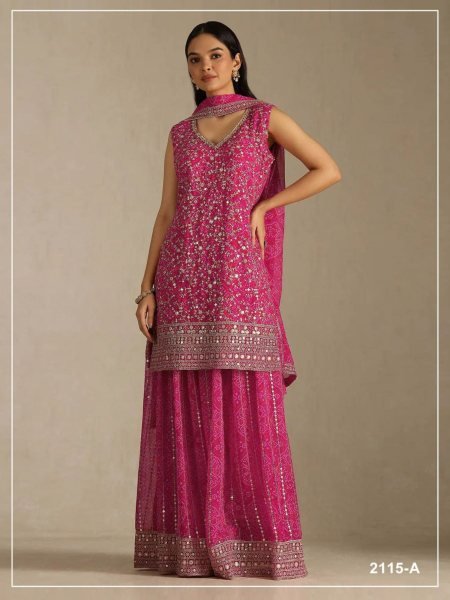 Intuitive Pink Faux Georgette Digital Print Palazzo Suit with Embroidery Sequence Work 