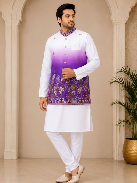 Intuitive Purple Men's Malai Satin Kurta with Polo Pant and Embroidered Koti Mens Wear