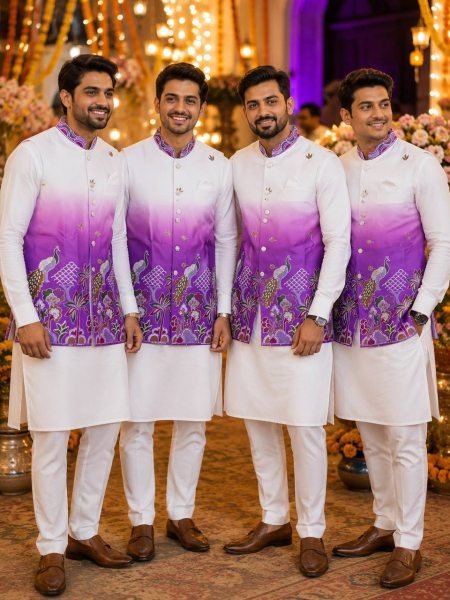 Intuitive Purple Men's Malai Satin Kurta with Polo Pant and Embroidered Koti Kurta Pajama Wholesale