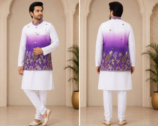 Intuitive Purple Men's Malai Satin Kurta with Polo Pant and Embroidered Koti Kurta Pajama Wholesale
