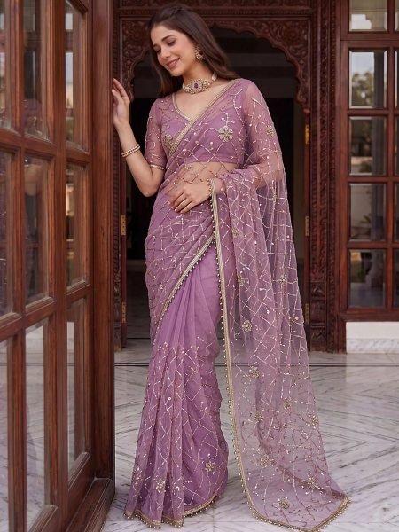 Intuitive Purple Net Party Wear Saree with Heavy Embroidered Beads  Sequins Work 