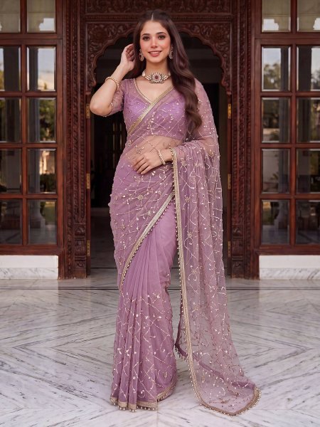 Intuitive Purple Net Party Wear Saree with Heavy Embroidered Beads  Sequins Work Embroidery Sarees Wholesale
