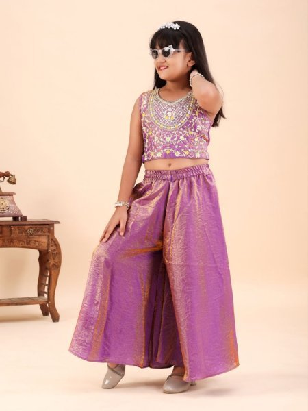 Intuitive Purple Kids Girls Festive Wear Embroidered Top Palazzo Outfit Girls Wear