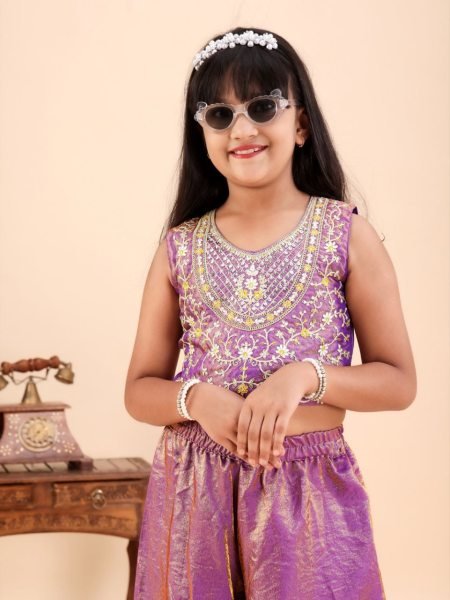 Intuitive Purple Kids Girls Festive Wear Embroidered Top Palazzo Outfit Girls Wear