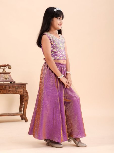 Intuitive Purple Kids Girls Festive Wear Embroidered Top Palazzo Outfit Girls Wear