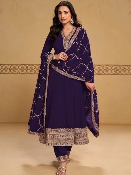 Intuitive Purple Real Georgette Embroidered Top Bottom Dupatta Set For Party Wear 