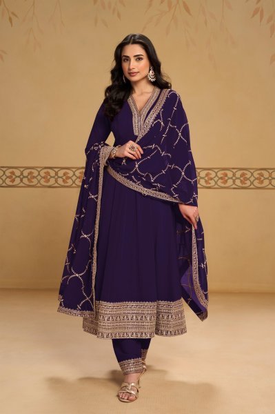 Intuitive Purple Real Georgette Embroidered Top Bottom Dupatta Set For Party Wear Anarakali Gown Wholesale