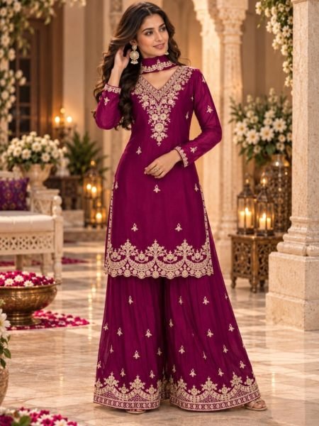 Intuitive Rani Pink Heavy Chinon Embroidered Top with Crepe Silk Inner and Plazo Salwar Kameez