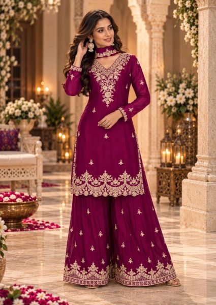 Intuitive Rani Pink Heavy Chinon Embroidered Top with Crepe Silk Inner and Plazo Designer Plazzo Salwar Suits Wholesale