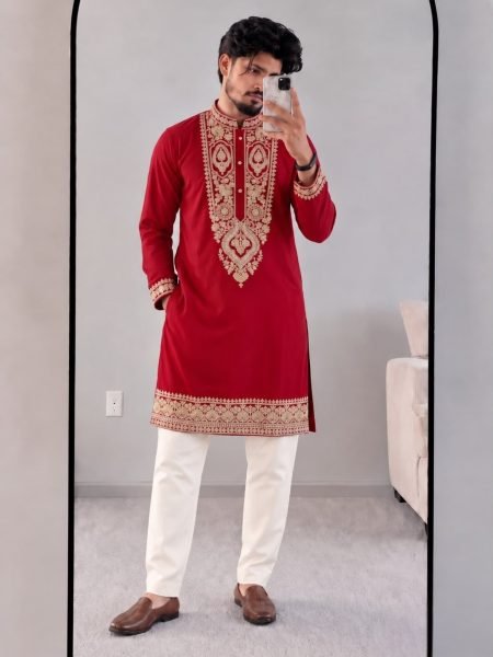 Intuitive Red Designer Armani Lachko Kurta Set with Raymond Cotton Pyjama 