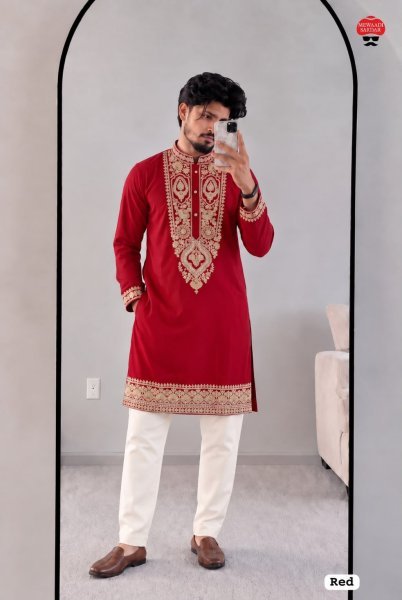 Intuitive Red Designer Armani Lachko Kurta Set with Raymond Cotton Pyjama Kurta Pajama Wholesale