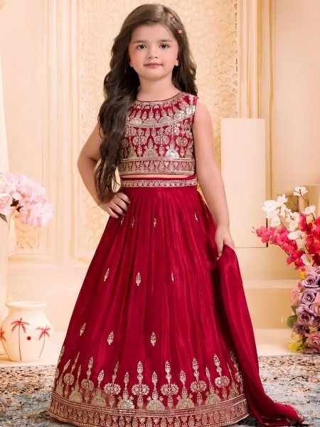 Intuitive Red Designer Girls Chinon Silk Lehenga Set with Sequins Work and Matching Dupatta Kurtis