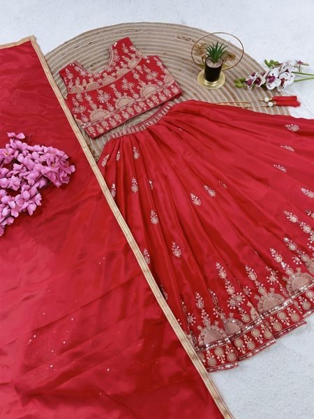 Intuitive Red Designer Girls Chinon Silk Lehenga Set with Sequins Work and Matching Dupatta Girls Wear