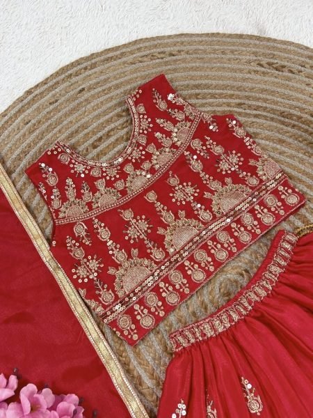 Intuitive Red Designer Girls Chinon Silk Lehenga Set with Sequins Work and Matching Dupatta Girls Wear