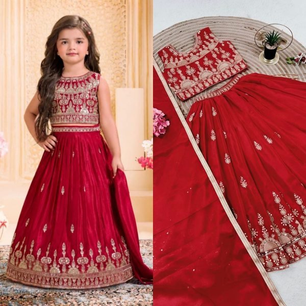Intuitive Red Designer Girls Chinon Silk Lehenga Set with Sequins Work and Matching Dupatta Girls Wear