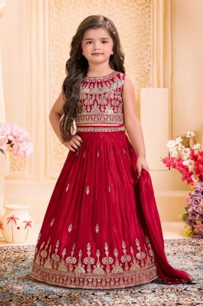 Intuitive Red Designer Girls Chinon Silk Lehenga Set with Sequins Work and Matching Dupatta Girls Wear