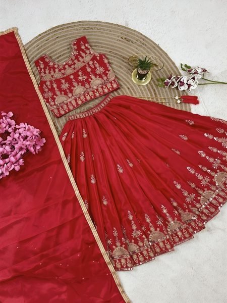Intuitive Red Designer Girls Chinon Silk Lehenga Set with Sequins Work and Matching Dupatta Girls Wear