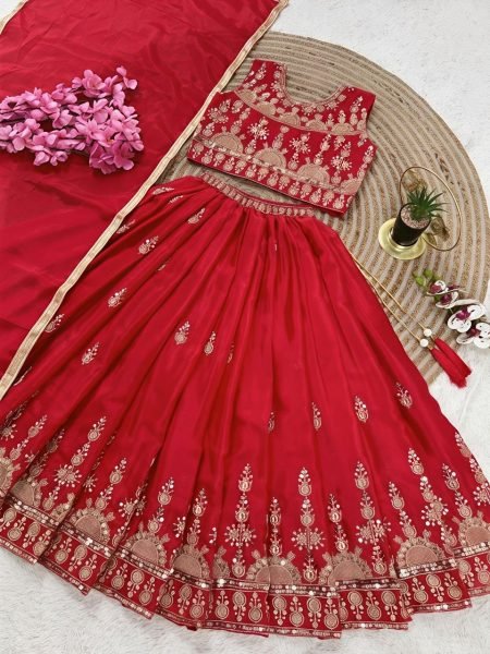 Intuitive Red Designer Girls Chinon Silk Lehenga Set with Sequins Work and Matching Dupatta Girls Wear