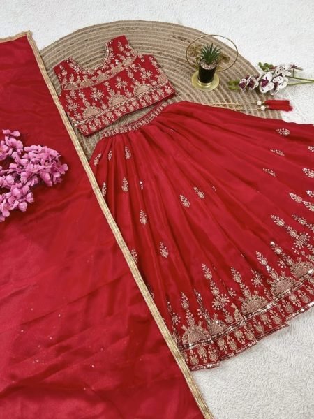 Intuitive Red Designer Girls Chinon Silk Lehenga Set with Sequins Work and Matching Dupatta Girls Wear