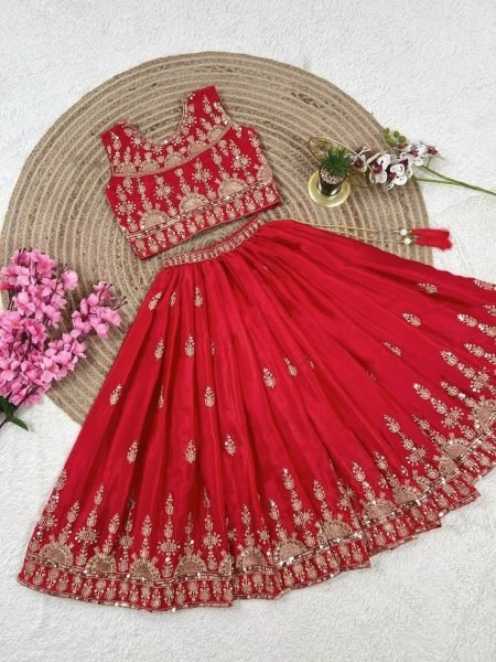 Intuitive Red Designer Girls Chinon Silk Lehenga Set with Sequins Work and Matching Dupatta Girls Wear