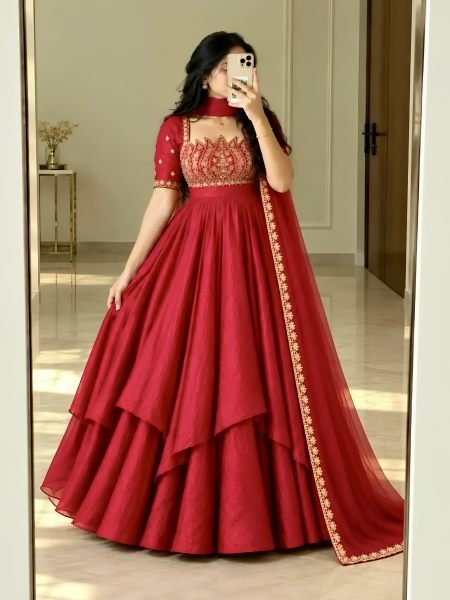 Intuitive Red Fully Stitched Fandy Crush Silk Gown with Butterfly Net Dupatta at Wholesale Rate Ready To Wear Suit