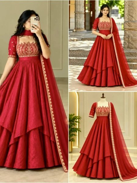 Intuitive Red Fully Stitched Fandy Crush Silk Gown with Butterfly Net Dupatta at Wholesale Rate Ready To Wear Collection