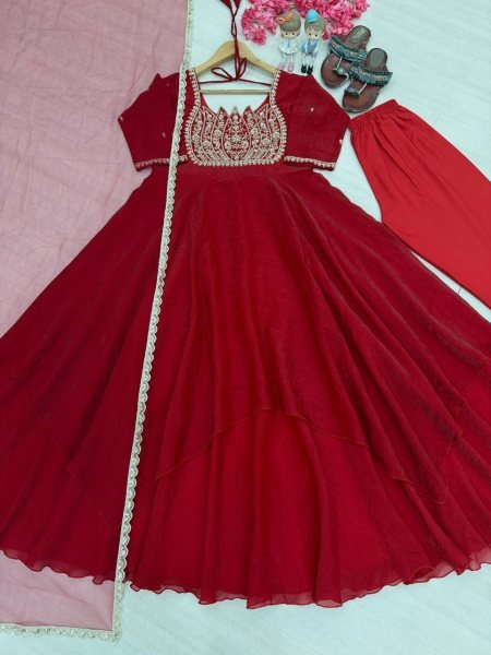 Intuitive Red Fully Stitched Fandy Crush Silk Gown with Butterfly Net Dupatta at Wholesale Rate Ready To Wear Collection
