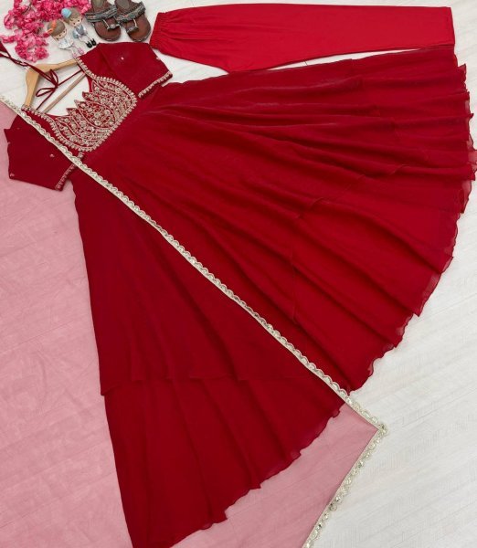 Intuitive Red Fully Stitched Fandy Crush Silk Gown with Butterfly Net Dupatta at Wholesale Rate Ready To Wear Collection