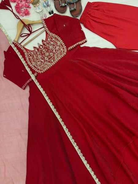 Intuitive Red Fully Stitched Fandy Crush Silk Gown with Butterfly Net Dupatta at Wholesale Rate Ready To Wear Collection
