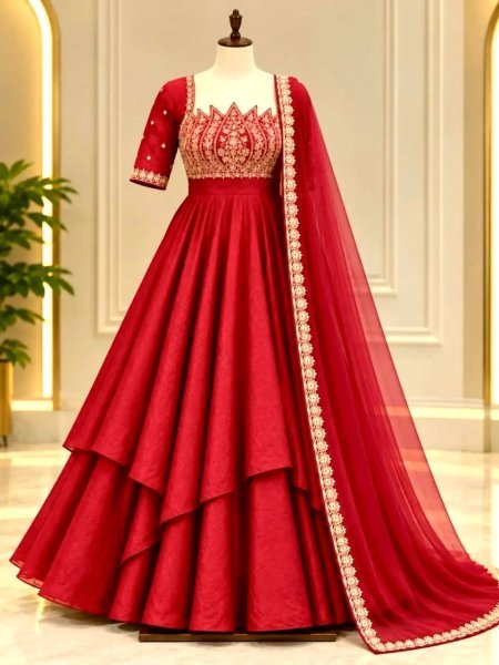 Intuitive Red Fully Stitched Fandy Crush Silk Gown with Butterfly Net Dupatta at Wholesale Rate Ready To Wear Collection