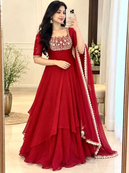 Intuitive Red Fully Stitched Fandy Crush Silk Gown with Butterfly Net Dupatta at Wholesale Rate Ready To Wear Collection