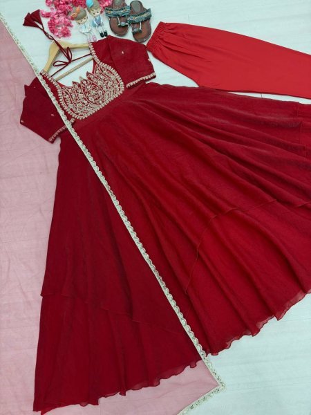 Intuitive Red Fully Stitched Fandy Crush Silk Gown with Butterfly Net Dupatta at Wholesale Rate Ready To Wear Collection