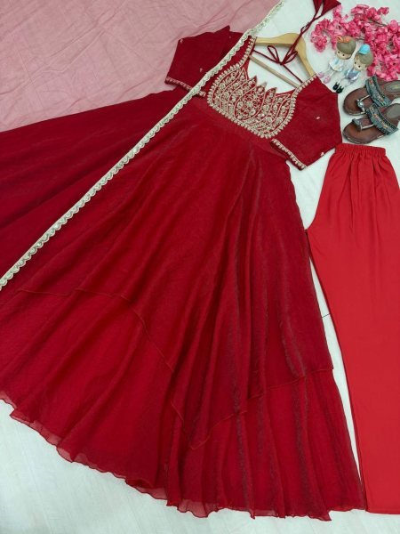 Intuitive Red Fully Stitched Fandy Crush Silk Gown with Butterfly Net Dupatta at Wholesale Rate Ready To Wear Collection