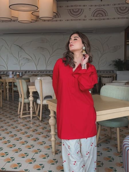 Intuitive Red White Designer Pure Cotton Embroidered Kurti Pant Set at Manufacturer  Kurtis